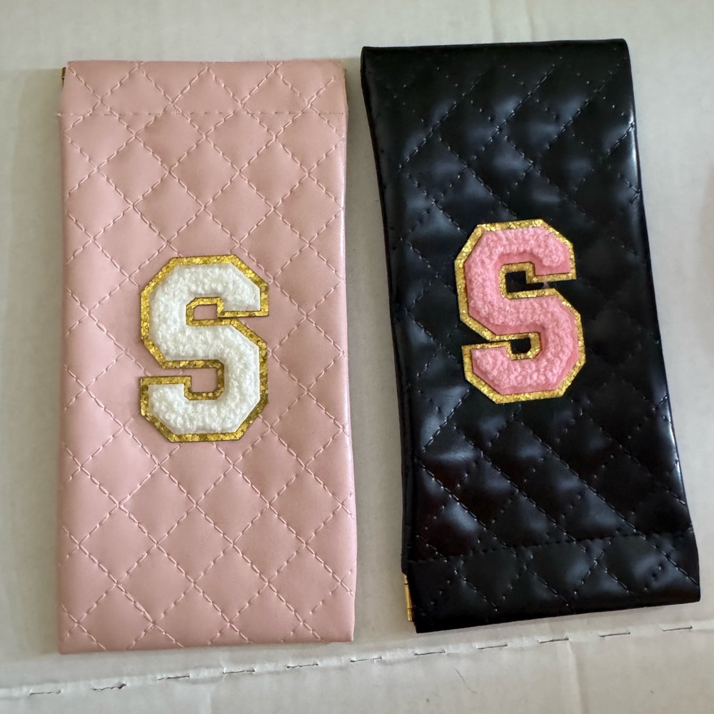 Quilted Pink and Black sunglass pouches with monogram S